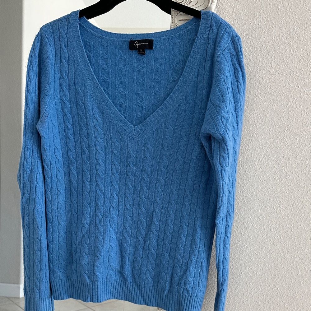 Aqua Cashmere Sky Blue V-Neck Cable Sweater